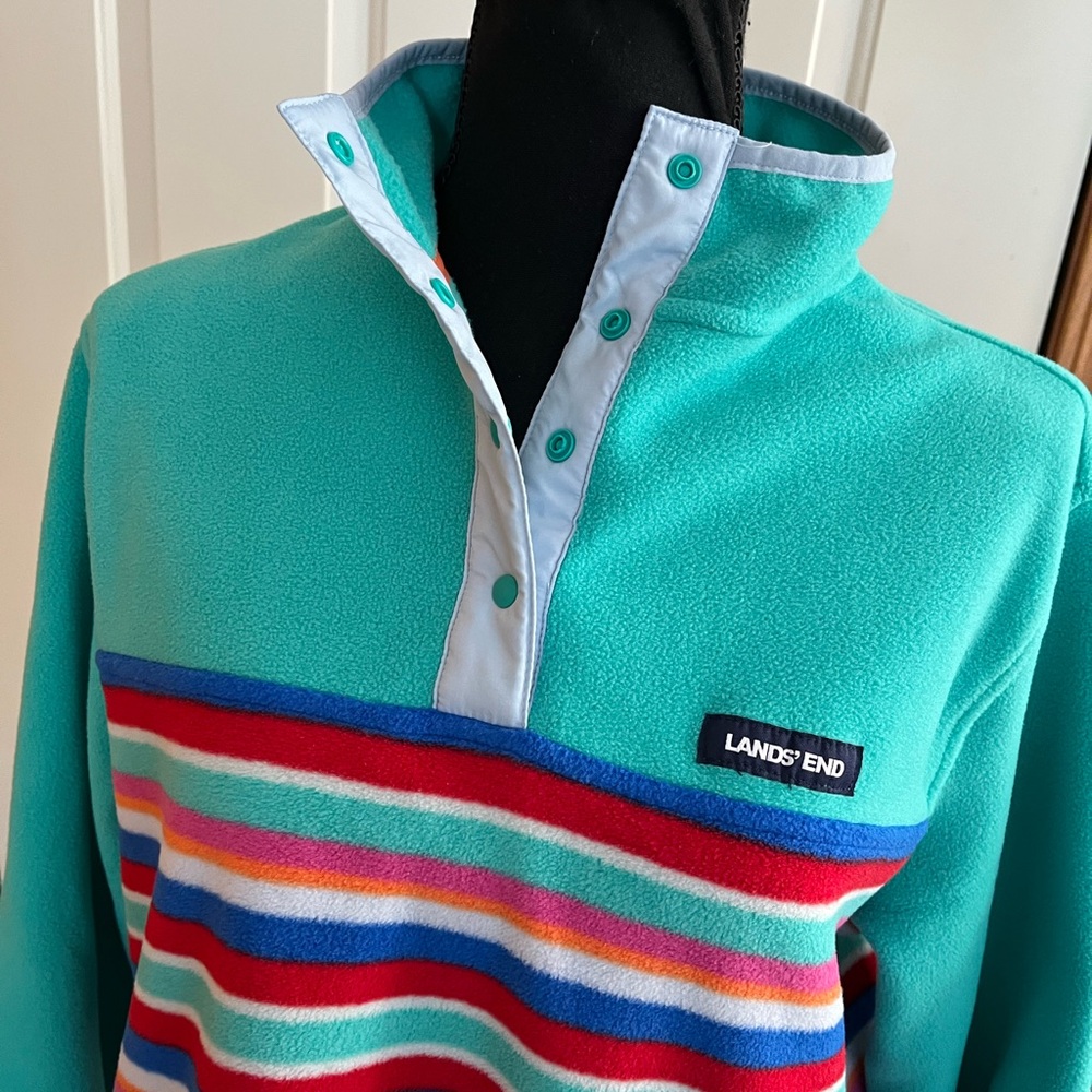 Women’s Lands’ End Heritage fleece pull over snap green striped jacket. Medium - Picture 2 of 16